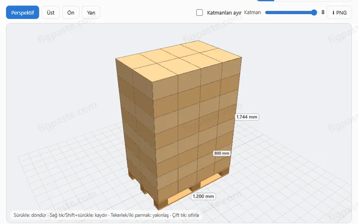 Palet Yükleme Hesaplayıcı aracının önizlemesi: koliler Euro palet üzerinde dizilmiş 3D palet yükü görünümü ve dizilim sonuçları